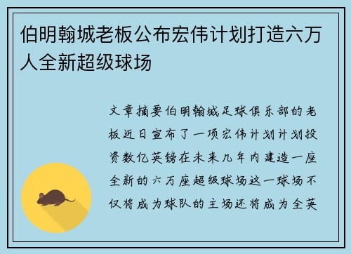伯明翰城老板公布宏伟计划打造六万人全新超级球场